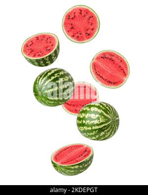 Falling watermelon set, isolated on white background, clipping path, full depth of field Stock Photo