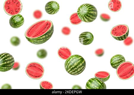 Falling watermelon set, isolated on white background, selective focus Stock Photo