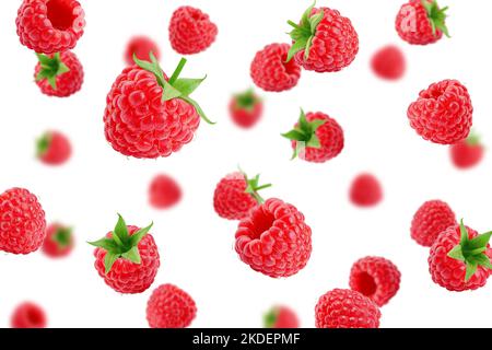 Falling Raspberry isolated on white background, selective focus Stock Photo