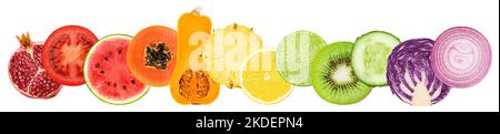 Collage of fresh color fruits, vegetables, berries, healthy food concept, clipping path Stock Photo
