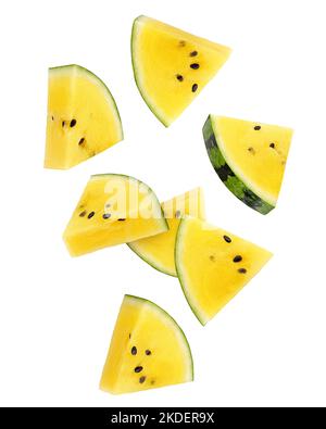 Falling yellow watermelon isolated on white background, clipping path, full depth of field Stock Photo