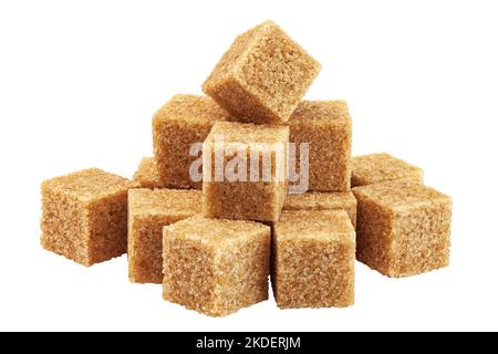 Brown cane sugar cubes isolated on white background, clipping path, full depth of field Stock Photo