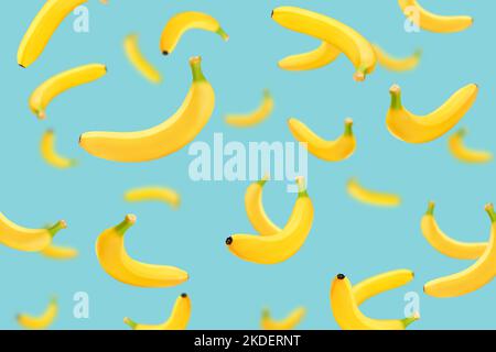 Falling banana on turquoise color background, Minimal creative food concept, selective focus Stock Photo