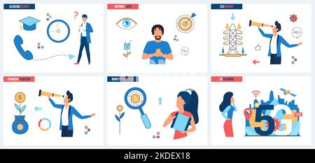 Leadership, success education and career, 5G network communication set vector illustration. Cartoon tiny people work with fast internet, use mobile app and telescope for perspective business growth Stock Vector