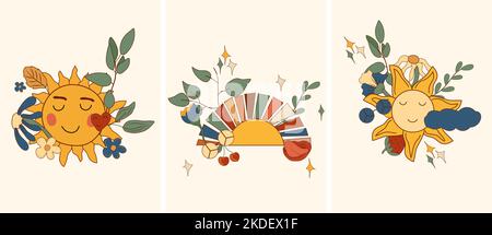 Positive hippie composition 70s, with bright sun, colorful flowers and leaves, cloud. Psychedelic groove elements. Vintage poster perfect for greeting cards, poster, postcard, banner. Vector. Stock Vector