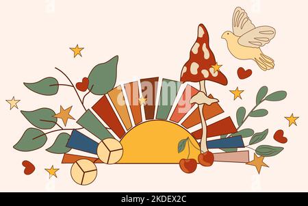 Positive hippie composition 70s with colorful sun, flowers and leaves, flying dove, mushroom. Psychedelic groove elements. Vintage poster perfect for poster, postcard, banner. Vector. Stock Vector