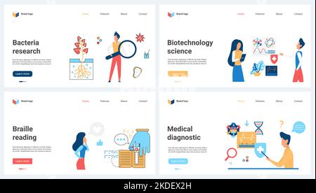 Biotechnology and medical laboratory science research, braille font set vector illustration. Cartoon tiny people study bacteria organism, scientific diagnostics and modern biotech lab equipment Stock Vector