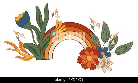 Positive hippie composition 70s, with colorful rainbow, flowers and leaves. Psychedelic groove elements. Perfect for greeting cards, poster, postcard, banner. Vector Stock Vector