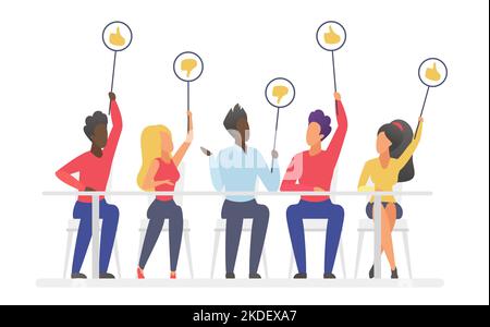 Diverse committee of jury holding thumb up or down round signs after contest or competition. Cartoon people rate experience and judge, sitting at table flat vector illustration. Evaluation concept Stock Vector