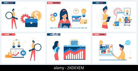Business and management revenue, solutions and ideas set vector illustration. Cartoon tiny people search with magnifying glass global trends and success startup, analyze stock market charts growth Stock Vector