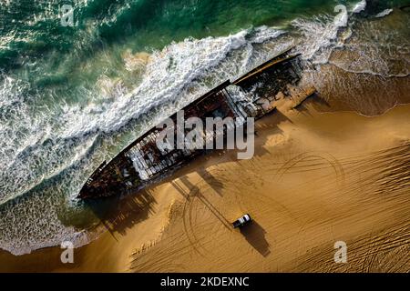 Aerial shot of the famous Maheno Ship Wreck on Fraser Island. Stock Photo