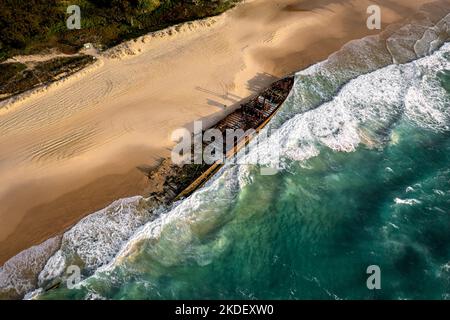 Aerial shot of the famous Maheno Ship Wreck on Fraser Island. Stock Photo