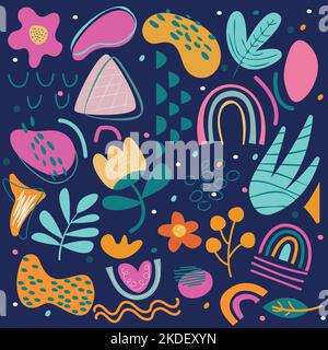 Abstract hand drawn various colored shapes and doodle. Stock Vector