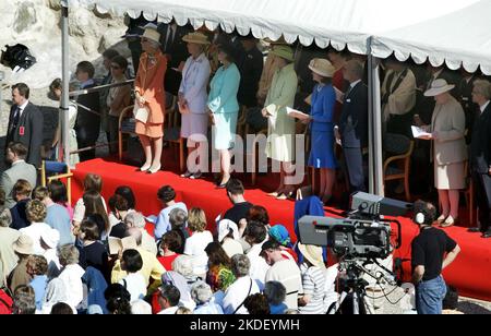 On Sunday, the 700th anniversary of St. Birgitta's birth was celebrated. Here a Catholic ceremony at Borggården at Vadstena Castle, which five thousand people visited. In the picture: The Swedish royal couple, Queen Silvia and King Carl XVI Gustaf, at Borggården and to the left are Princess Benedikte and Bishop Martin Lind Stock Photo