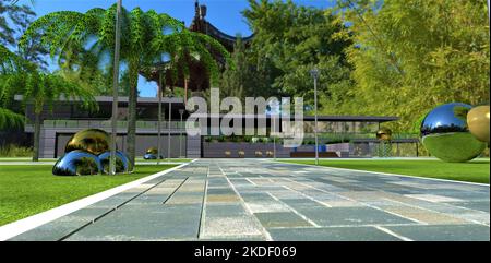 Amazing estate in a Chinese park. Walkway raved with concrete slabs withwhite curb along th lawn to the contemporary house. Strange metal spheres on t Stock Photo