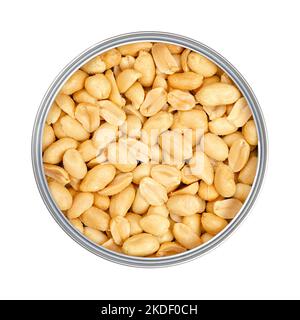 Roasted and salted peanuts in an opened tin can, close-up, from above, isolated, over white. Snack food, made from fruits of Arachis hypogaea. Stock Photo