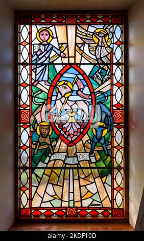 Stained glass window in St. Columba's Chapel on the Isle of Canna, Scotland, UK Stock Photo