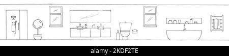 Bathroom graphic home interior black white long sketch illustration vector Stock Vector
