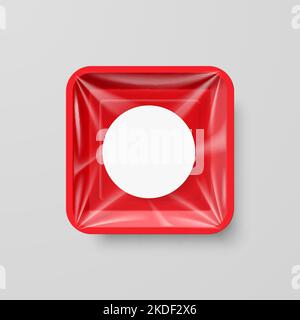 Empty Red Plastic Food Square Container with Round Label Stock Vector