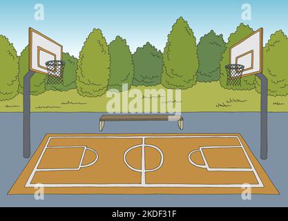City basketball court sketch view. Building skyscrapers landscape trees on  the background. Hand drawn black line. Stock Vector | Adobe Stock