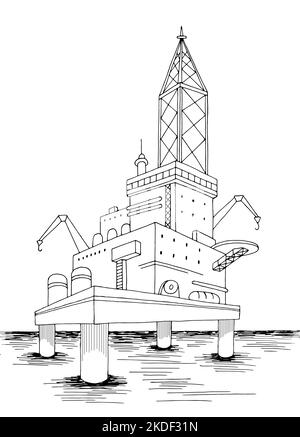Drilling platform ocean sea landscape graphic black white sketch vertical illustration vector Stock Vector