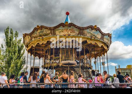 BARCELONA - AUGUST 12: Vintage carousel at Tibidabo Amusement Park, Barcelona, Catalonia, Spain on August 12, 2017. The park opened in 1905 and is amo Stock Photo