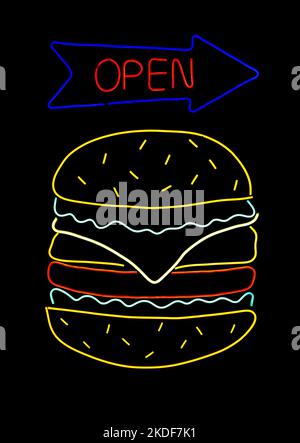 Neon burger sign. Photo of glowing colorful LED neon light sign of hamburger restaurant logo with text "open" on the arrow on dark background, vertica Stock Photo