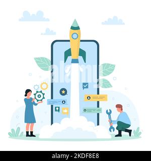 Mobile app launch and development of smartphone application vector illustration. Cartoon tiny people launching rapid rocket from screen of phone, boost startup ideas and project release service Stock Vector
