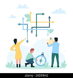 Business decision making process vector illustration. Cartoon tiny people in doubt using compass, map and arrows maze to choose direction, decide dilemma of right choice, success plan of mini person Stock Vector
