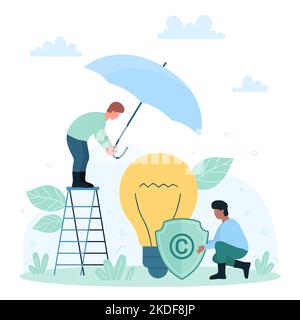 Copyright protection, patent law and authorship vector illustration. Cartoon tiny people holding umbrella and shield with copyright sign to protect light bulb as intellectual property of author Stock Vector