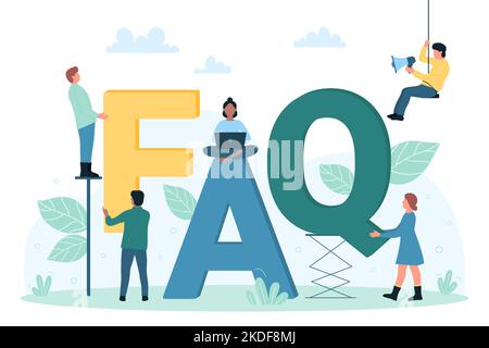 Frequently asked questions vector illustration. Cartoon group of curious tiny people holding FAQ letters and using laptop to help in search of answer, solution and information. Helpdesk concept Stock Vector