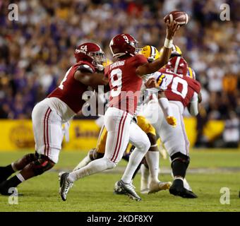 Baton Rouge, USA. 05th Nov, 2022. Alabama Crimson Tide quarterback Bryce Young (9) attempt a pass during a Southeastern Conference football contest at Tiger Stadium in Baton Rouge, Louisiana on Saturday, November 5, 2022. (Photo by Peter G. Forest/Sipa USA) Credit: Sipa USA/Alamy Live News Stock Photo