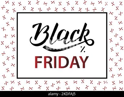 Black Friday handwritten lettering modern brush calligraphy. On the background of a pattern of percentage signs. Black and red colors. Stock Vector