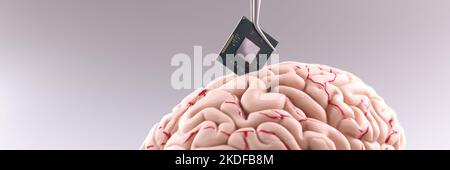 Tiny computer chip detail in human brain Stock Photo
