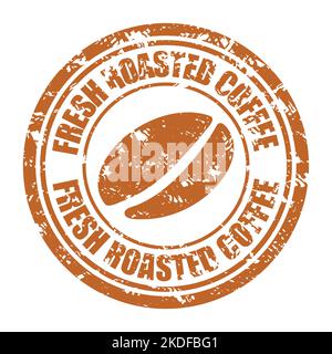 Fresh roasted coffee rubber stamp, print seal with coffee bean. Vector illustration. Coffee drink flavor, dark aroma beans, aged symbol, vintage coffe Stock Vector