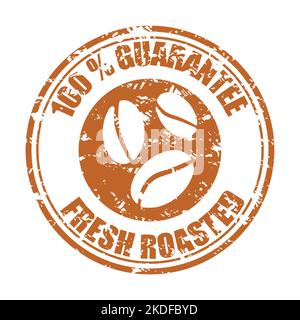 Guaranteed fresh roasted coffee bean, rubber stamp for pack mark. Vector illustration. Retro coffee bean design, business banner, high old cafe emblem Stock Vector