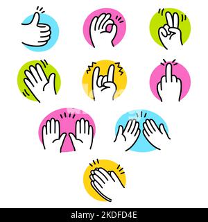 Cartoon hands gesture set. Simple hand drawn comic style icons on colorful backgrounds. Vector clip art illustration. Stock Vector