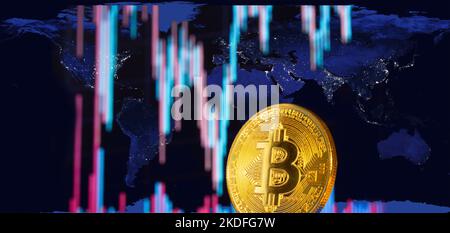 Bitcoin graphic or chart and world map concept. bitcoin or cryptocurrency trading worldwide. Global economy concept idea background. Stock Photo