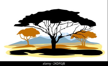 African savannah landscape. Silhouette picture. Africa acacia tree. Isolated on white background. Vector Stock Vector