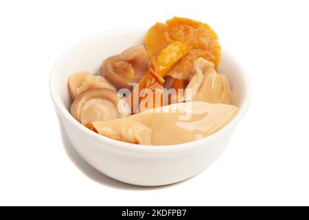 Bowl of marinated mushrooms isolated on white background. Stock Photo