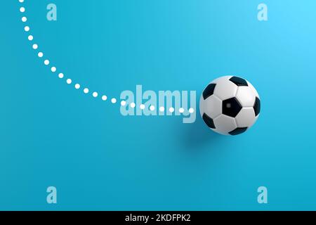 Football soccer ball moves in a curved direction. Kicking, bending or crossing the ball to the target concept. Top view. 3D rendering. Stock Photo
