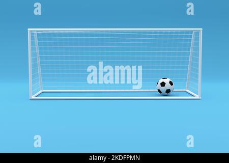 Football soccer ball in the goalpost. Shooting and scoring a goal. Achieving goals in business. 3D rendering. Stock Photo