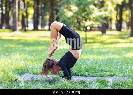 Woman practicing yoga, doing vrishchikasana exercise, forearm stand, exercising on a mat in the park Stock Photo