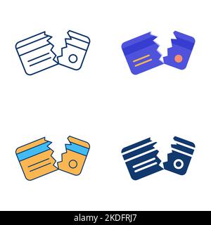 Insolvency concept icon set in flat and line style. Broken credit card symbol. Vector illustration. Stock Vector