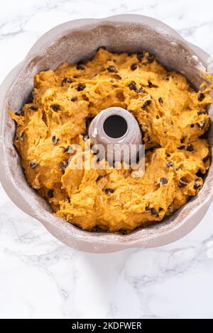 Chocolate pumpkin bundt cake with toffee glaze Stock Photo