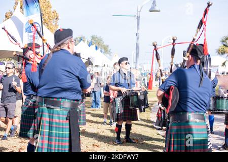 Charleston, SC, USA. 5 Nov 2022. As the festival was moved waterfront, a massive crowd gathers to enjoy games, music, dance, and other activities to celebrate their Scottish heritage. A parade of bands followed by the march of clans were also crowd favorites. Stock Photo