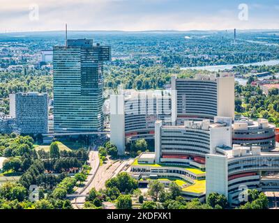 Beautiful view from above with the modern buildings of Vienna International Centre (Internationales Zentrum Wien) in Austria. Building complex hosting Stock Photo