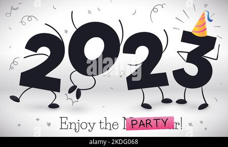 Happy 2023 numbers receiving the New Year with a party decorated with party hat, streamers, confetti and music notes in doodle style. Stock Vector