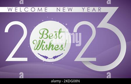Welcome greeting for New Year 2023 with silver numbers, greeting decorated with lavender branches over purple background and abstract waves. Stock Vector
