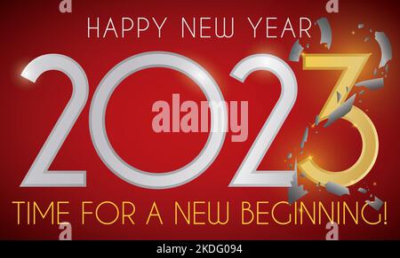 Greeting design for New Year commemorating the new beginning with shattered number 2 over the 3, over red background. Stock Vector